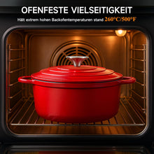 Lade das Bild in den Galerie-Viewer, Topf Schmortopf 26cm Emaille Bräter mit Deckel Topflappen, Kasserollen Bratentopf brot backen für Backen Schmoren Braten Incl.1 Paar Silikon Ofenhandschuhe&amp;Topfuntersetzer (Rot,5L)
