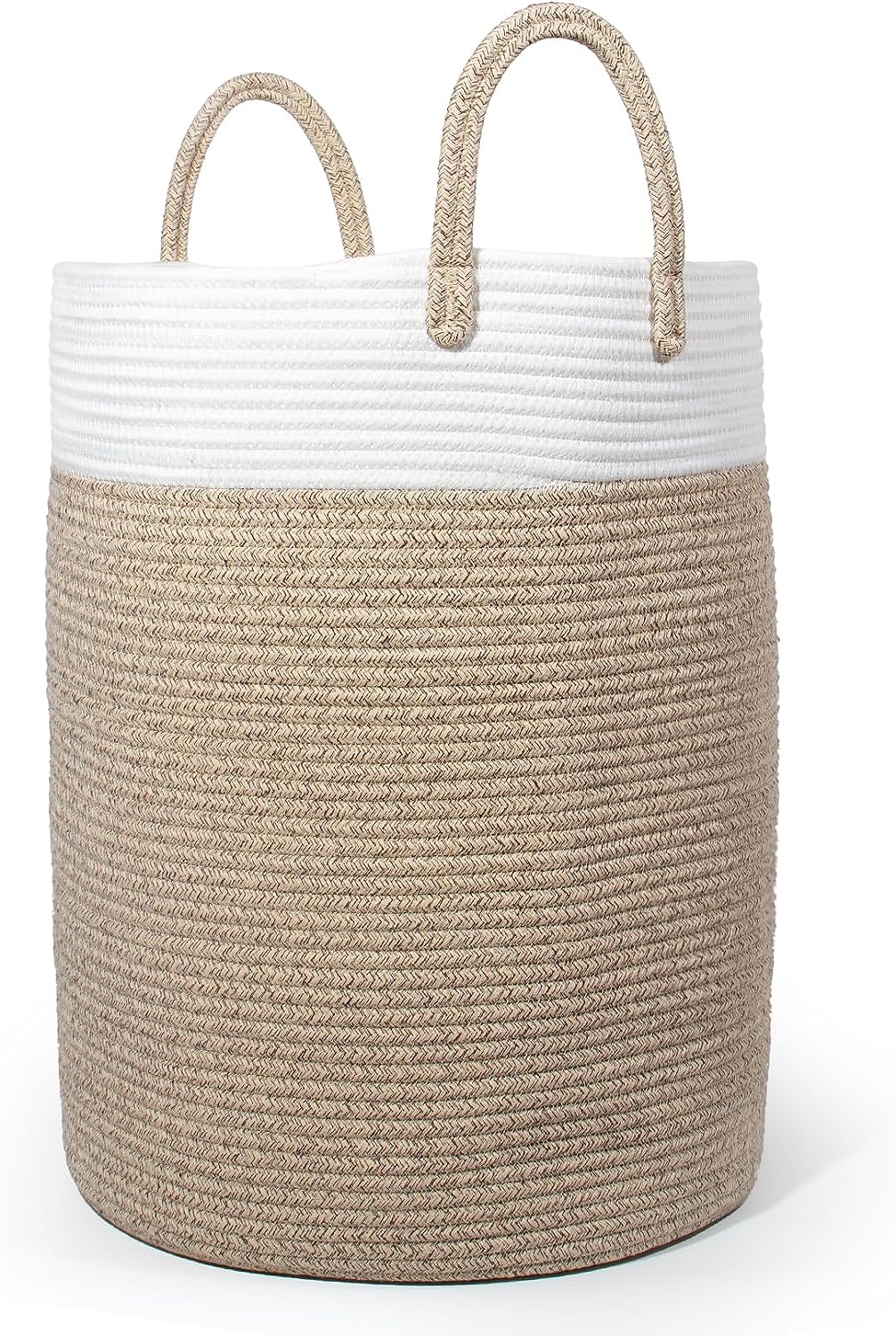 Wäschekorb mit Henkel, Spielzeug Aufbewahrung, Aufbewahrungsbox Geflochten, Wäschesammler Groß, Aufbewahrungskorb Kinderzimmer (Braun&Weiß, D 38 x H 50 CM)