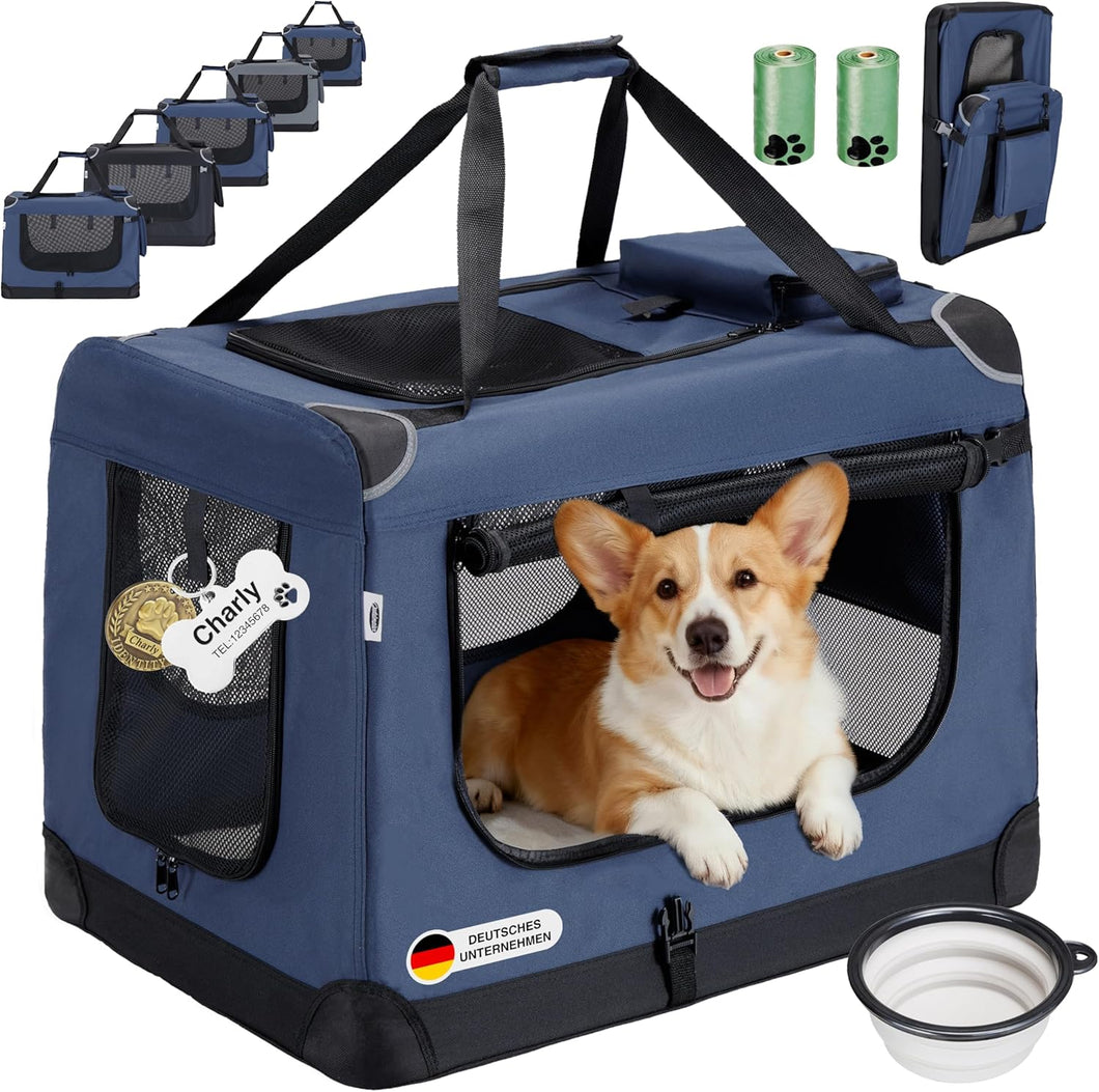 Hundebox Faltbar Hundetransportbox, robust Transportbox für Hund & Katze Groß Hundetasche Auto Haustiertransportbox für Unterwegs & Zuhause Dunkelblau