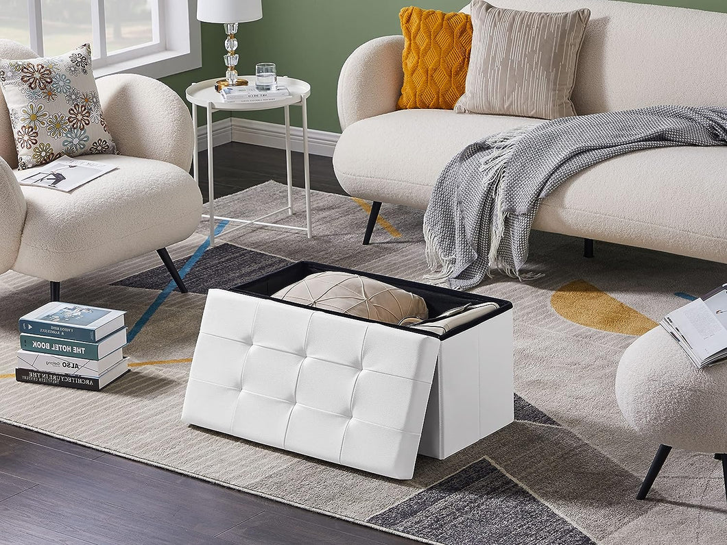 Sitzbank, Sitzhocker, Fußhocker, Sitztruhe faltbar mit Stauraum belastbar bis 300kg 76 x 38 x 38 cm«, Aus MDF-Platte und Kunstleder.(Weiß)