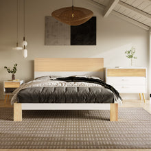 Lade das Bild in den Galerie-Viewer, Holzbett Doppelbett mit Kopfteil Stauraumbett aus Bettgestell mit Lattenrost-140x200 cm Natürlich&amp; Weiß Klassischen Landhausstil
