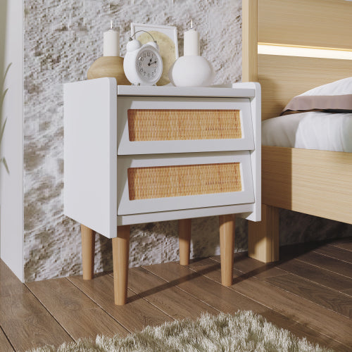 Nachttisch Nachtschrank Beistelltisch, Nchtkommode mit 2 Schubladen, Natürlich Rattan,Schubladenfronten aus Rattangeflecht (1PC)