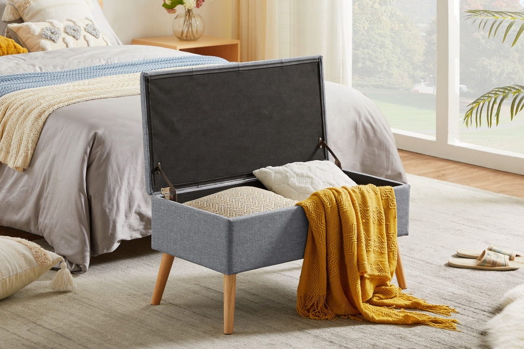 Sitztruhe Sitzhocker Fußhocker mit Stauraum LeinenDeckel und Holzfüßen, 43L /Max. Tragfähigkeit 300kg 79,5 x 39,5 x 40 cm grau
