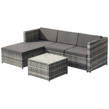 Lade das Bild in den Galerie-Viewer, Polyrattan Lounge-Sofagarnitur, Lounge-Gartenmöbel, Ecksofa, Couchgarnitur mit Sitz- und Rückenkissen, Lounge-Tisch mit Glasplatte, Grau
