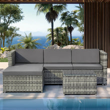 Lade das Bild in den Galerie-Viewer, Polyrattan Lounge-Sofagarnitur, Lounge-Gartenmöbel, Ecksofa, Couchgarnitur mit Sitz- und Rückenkissen, Lounge-Tisch mit Glasplatte, Grau
