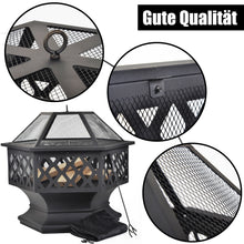 Lade das Bild in den Galerie-Viewer, Feuerstelle mit Grillrost,Feuerschale mit Funkenschutz Fire Pit für BBQ,Heizung,Garten Terrasse Metall Feuerkorb3in1Feuerstelle，Hexagonal Feuerstelle
