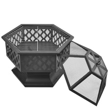 Lade das Bild in den Galerie-Viewer, Feuerstelle mit Grillrost,Feuerschale mit Funkenschutz Fire Pit für BBQ,Heizung,Garten Terrasse Metall Feuerkorb3in1Feuerstelle，Hexagonal Feuerstelle
