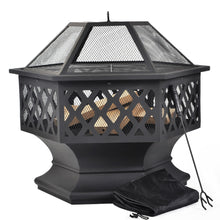 Lade das Bild in den Galerie-Viewer, Feuerstelle mit Grillrost,Feuerschale mit Funkenschutz Fire Pit für BBQ,Heizung,Garten Terrasse Metall Feuerkorb3in1Feuerstelle，Hexagonal Feuerstelle
