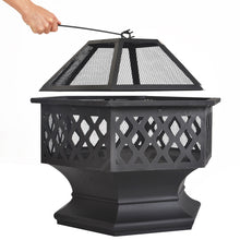 Lade das Bild in den Galerie-Viewer, Feuerstelle mit Grillrost,Feuerschale mit Funkenschutz Fire Pit für BBQ,Heizung,Garten Terrasse Metall Feuerkorb3in1Feuerstelle，Hexagonal Feuerstelle
