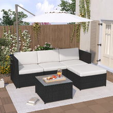 Lade das Bild in den Galerie-Viewer, Polyrattan Lounge-Sofagarnitur, Lounge-Gartenmöbel, Ecksofa, Couchgarnitur mit Sitz- und Rückenkissen, Lounge-Tisch mit Glasplatte, Schwarz

