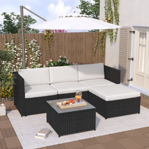 Polyrattan Lounge-Sofagarnitur, Lounge-Gartenmöbel, Ecksofa, Couchgarnitur mit Sitz- und Rückenkissen, Lounge-Tisch mit Glasplatte, Schwarz