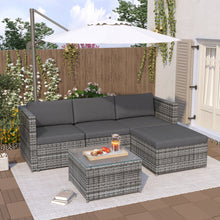 Lade das Bild in den Galerie-Viewer, Polyrattan Lounge-Sofagarnitur, Lounge-Gartenmöbel, Ecksofa, Couchgarnitur mit Sitz- und Rückenkissen, Lounge-Tisch mit Glasplatte, Grau
