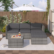 Lade das Bild in den Galerie-Viewer, Polyrattan Lounge-Sofagarnitur, Lounge-Gartenmöbel, Ecksofa, Couchgarnitur mit Sitz- und Rückenkissen, Lounge-Tisch mit Glasplatte, Grau
