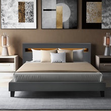 Lade das Bild in den Galerie-Viewer, LED Polsterbett Lattenrost – Kunstleder Bezug &amp; Holz Gestell in grau,inkl. LED-Beleuchtung, Kunstleder &amp; Lattenrost，Jugendbett Bett(140 x 200cm)(Mit Federkernmatratze)
