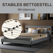 Lade das Bild in den Galerie-Viewer, LED Polsterbett Lattenrost – Kunstleder Bezug &amp; Holz Gestell in grau,inkl. LED-Beleuchtung, Kunstleder &amp; Lattenrost，Jugendbett Bett(140 x 200cm)(Mit Federkernmatratze)
