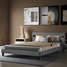 Lade das Bild in den Galerie-Viewer, LED Polsterbett Lattenrost – Kunstleder Bezug &amp; Holz Gestell in grau,inkl. LED-Beleuchtung, Kunstleder &amp; Lattenrost，Jugendbett Bett(140 x 200cm)
