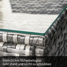 Lade das Bild in den Galerie-Viewer, Polyrattan Lounge-Sofagarnitur, Lounge-Gartenmöbel, Ecksofa, Couchgarnitur mit Sitz- und Rückenkissen, Lounge-Tisch mit Glasplatte, Grau
