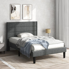 Lade das Bild in den Galerie-Viewer, Polsterbett 90 x 200 cm, Bettgestell mit Lattenrost &amp; Kopfteil, gepolstertes Doppelbett, Textilbezug Leinen in Grau, Zeitloses modernes Design, Jugendbett
