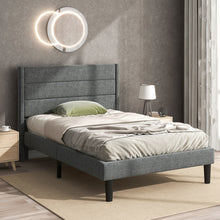 Lade das Bild in den Galerie-Viewer, Polsterbett 90 x 200 cm, Bettgestell mit Lattenrost &amp; Kopfteil, gepolstertes Doppelbett, Textilbezug Leinen in Grau, Zeitloses modernes Design, Jugendbett
