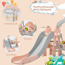 Lade das Bild in den Galerie-Viewer, Kinderrutsche,5 in1 multifunktionale Kleinkinderrutsche mit Basketballkorb,Fußballtor,Schaukel, Kletterturm,für 2-8 Jahre Kinder, Rosa
