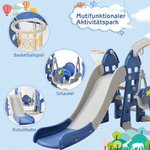 Lade das Bild in den Galerie-Viewer, Kinderrutsche,5 in1 multifunktionale Kleinkinderrutsche mit Basketballkorb,Fußballtor,Schaukel, Kletterturm,für 2-8 Jahre Kinder, Blau
