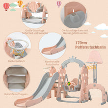 Lade das Bild in den Galerie-Viewer, Kinderrutsche,5 in1 multifunktionale Kleinkinderrutsche mit Basketballkorb,Fußballtor,Schaukel, Kletterturm,für 2-8 Jahre Kinder, Rosa
