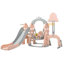 Lade das Bild in den Galerie-Viewer, Kinderrutsche,5 in1 multifunktionale Kleinkinderrutsche mit Basketballkorb,Fußballtor,Schaukel, Kletterturm,für 2-8 Jahre Kinder, Rosa
