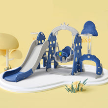 Lade das Bild in den Galerie-Viewer, Kinderrutsche,5 in1 multifunktionale Kleinkinderrutsche mit Basketballkorb,Fußballtor,Schaukel, Kletterturm,für 2-8 Jahre Kinder, Blau

