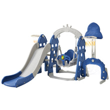 Lade das Bild in den Galerie-Viewer, Kinderrutsche,5 in1 multifunktionale Kleinkinderrutsche mit Basketballkorb,Fußballtor,Schaukel, Kletterturm,für 2-8 Jahre Kinder, Blau
