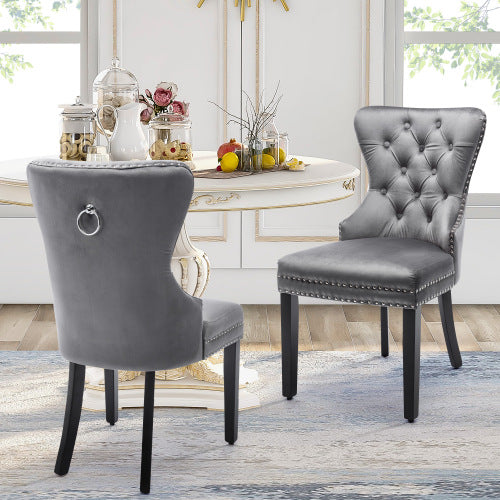 Samt Esszimmerstühle 2er Set mit Eichenbeinen,Chromklopfer und Nagelkopfbesatz Schlafzimmerstuhl Küchenstuhl Wohnzimmer Lounge Freizeitstuhl (2 Stück)