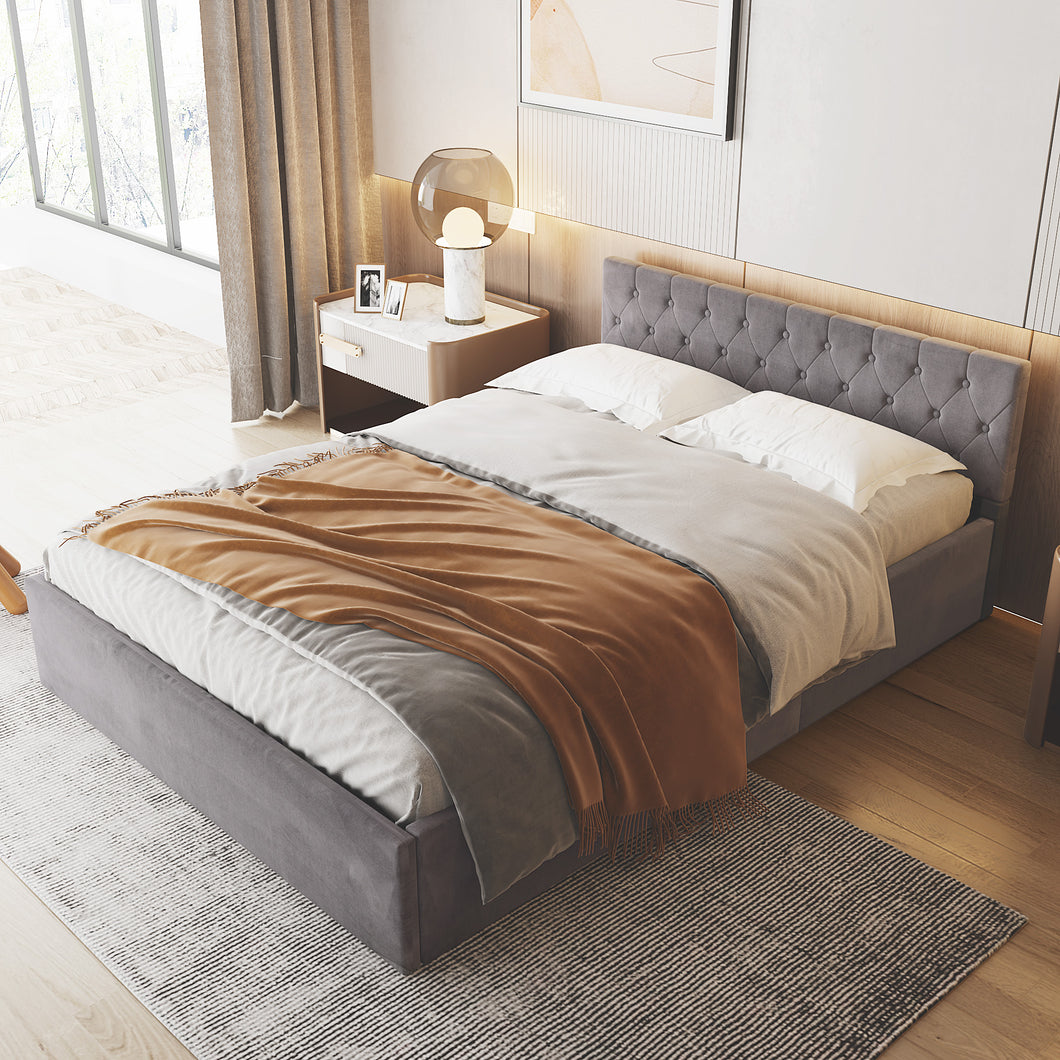 Bett mit Bettkasten Samt-Stoff Polsterbett Lattenrost Doppelbett Stauraum Holzfuß (Grau, 140 x 200 cm,ohne Matratze)