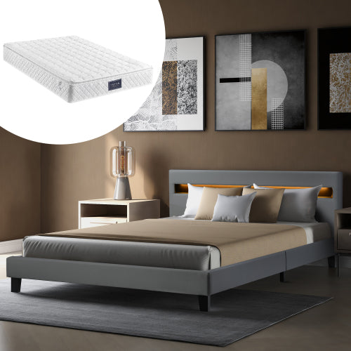 LED Polsterbett Lattenrost – Kunstleder Bezug & Holz Gestell in grau,inkl. LED-Beleuchtung, Kunstleder & Lattenrost，Jugendbett Bett(140 x 200cm)(Mit Federkernmatratze)