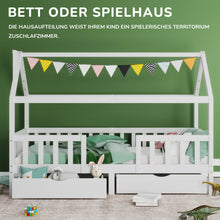 Lade das Bild in den Galerie-Viewer, Kinderbett Hausbett mit Schornstein |Zwei Aufbewahrungsschubladen | Robuste Lattenroste |Kiefernholz Haus Bett for Kids, 90 x 200 cm ohne Matratze, weiß

