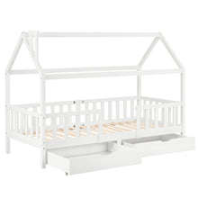 Lade das Bild in den Galerie-Viewer, Kinderbett Hausbett mit Schornstein |Zwei Aufbewahrungsschubladen | Robuste Lattenroste |Kiefernholz Haus Bett for Kids, 90 x 200 cm ohne Matratze, weiß
