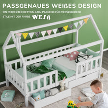 Lade das Bild in den Galerie-Viewer, Kinderbett Hausbett mit Schornstein |Zwei Aufbewahrungsschubladen | Robuste Lattenroste |Kiefernholz Haus Bett for Kids, 90 x 200 cm ohne Matratze, weiß
