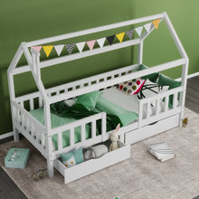 Lade das Bild in den Galerie-Viewer, Kinderbett Hausbett mit Schornstein |Zwei Aufbewahrungsschubladen | Robuste Lattenroste |Kiefernholz Haus Bett for Kids, 90 x 200 cm ohne Matratze, weiß
