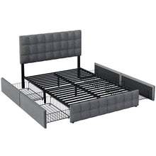 Lade das Bild in den Galerie-Viewer, Polsterbett mit 4 Schubladen, Doppelbett mit Lattenrost, Stauraum Bett, höhenverstellbares Kopfteil &amp; quadratisches Nähdesign, Metalllattenstütze, Leinenmaterial (140*200 cm, Grau)
