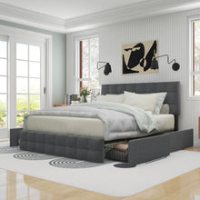 Lade das Bild in den Galerie-Viewer, Polsterbett mit 4 Schubladen, Doppelbett mit Lattenrost, Stauraum Bett, höhenverstellbares Kopfteil &amp; quadratisches Nähdesign, Metalllattenstütze, Leinenmaterial (140*200 cm, Grau)
