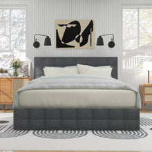 Lade das Bild in den Galerie-Viewer, Polsterbett mit 4 Schubladen, Doppelbett mit Lattenrost, Stauraum Bett, höhenverstellbares Kopfteil &amp; quadratisches Nähdesign, Metalllattenstütze, Leinenmaterial (140*200 cm, Grau)
