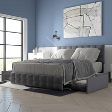 Lade das Bild in den Galerie-Viewer, Polsterbett mit 4 Schubladen, Doppelbett mit Lattenrost, Stauraum Bett, höhenverstellbares Kopfteil &amp; quadratisches Nähdesign, Metalllattenstütze, Leinenmaterial (140*200 cm, Grau)
