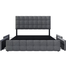 Lade das Bild in den Galerie-Viewer, Polsterbett mit 4 Schubladen, Doppelbett mit Lattenrost, Stauraum Bett, höhenverstellbares Kopfteil &amp; quadratisches Nähdesign, Metalllattenstütze, Leinenmaterial (140*200 cm, Grau)
