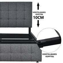 Lade das Bild in den Galerie-Viewer, Polsterbett mit 4 Schubladen, Doppelbett mit Lattenrost, Stauraum Bett, höhenverstellbares Kopfteil &amp; quadratisches Nähdesign, Metalllattenstütze, Leinenmaterial (140*200 cm, Grau)
