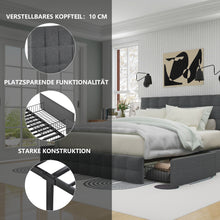 Lade das Bild in den Galerie-Viewer, Polsterbett mit 4 Schubladen, Doppelbett mit Lattenrost, Stauraum Bett, höhenverstellbares Kopfteil &amp; quadratisches Nähdesign, Metalllattenstütze, Leinenmaterial (140*200 cm, Grau)
