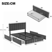 Lade das Bild in den Galerie-Viewer, Polsterbett mit 4 Schubladen, Doppelbett mit Lattenrost, Stauraum Bett, höhenverstellbares Kopfteil &amp; quadratisches Nähdesign, Metalllattenstütze, Leinenmaterial (140*200 cm, Grau)
