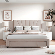 Lade das Bild in den Galerie-Viewer, Polsterbett 140 x 200 cm Bett mit Lattenrost, Rückenlehne und großer Schublade, Hautfreundliche Samtstoff , Beige, Bett Doppelbett Jugendbett(Ohne Matratze)
