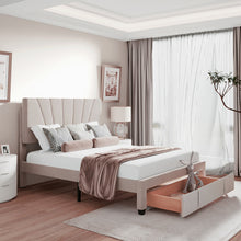 Lade das Bild in den Galerie-Viewer, Polsterbett 140 x 200 cm Bett mit Lattenrost, Rückenlehne und großer Schublade, Hautfreundliche Samtstoff , Beige, Bett Doppelbett Jugendbett(Ohne Matratze)
