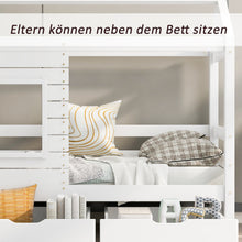 Lade das Bild in den Galerie-Viewer, Hausbett Kinderbett Jugendbett 160x80 mit Rausfallschutz，vielseitiges Holz Kinderbett ，Massivholz Kinder Bett mit Rausfallschutz Fenster und Lattenrost
