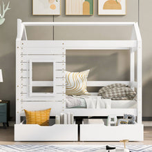 Lade das Bild in den Galerie-Viewer, Hausbett Kinderbett Jugendbett 160x80 mit Rausfallschutz，vielseitiges Holz Kinderbett ，Massivholz Kinder Bett mit Rausfallschutz Fenster und Lattenrost

