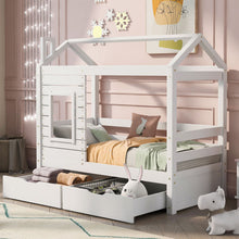Lade das Bild in den Galerie-Viewer, Hausbett Kinderbett Jugendbett 160x80 mit Rausfallschutz，vielseitiges Holz Kinderbett ，Massivholz Kinder Bett mit Rausfallschutz Fenster und Lattenrost
