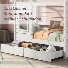 Lade das Bild in den Galerie-Viewer, Hausbett Kinderbett Jugendbett 160x80 mit Rausfallschutz，vielseitiges Holz Kinderbett ，Massivholz Kinder Bett mit Rausfallschutz Fenster und Lattenrost
